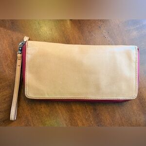 Fossil Tan Leather Passport Wallet with Red Accents
